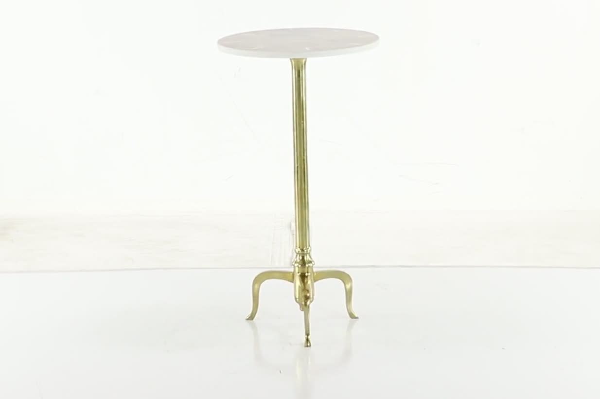 thumbnail video image 2 of DecMode White Marble Slim Tripod Side End Accent Table with Gold Inlay and Scrolled Base, 15" x 15" x 27", 2 of 12