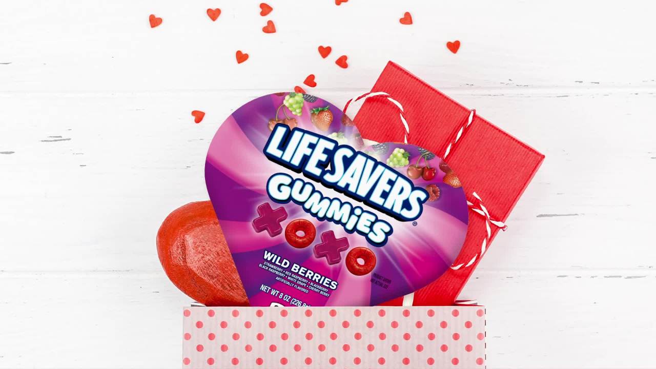 thumbnail video image 2 of Life Savers Gummies Wild Berry Valentine's Day Candy Heart Box - 8 oz, 2 of 13