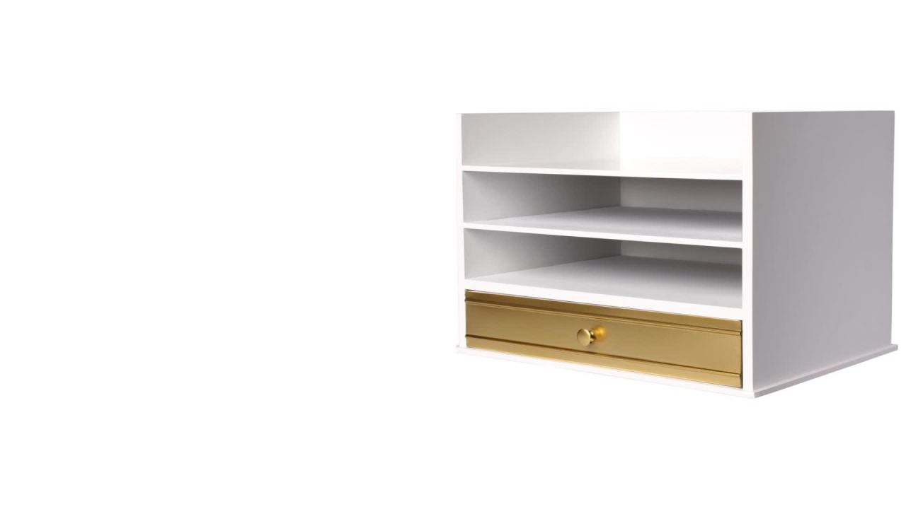 thumbnail video image 2 of Kate and Laurel Industrious Desktop Wood Letter Tray with 3 Trays and Drawer, White and Gold, 2 of 6