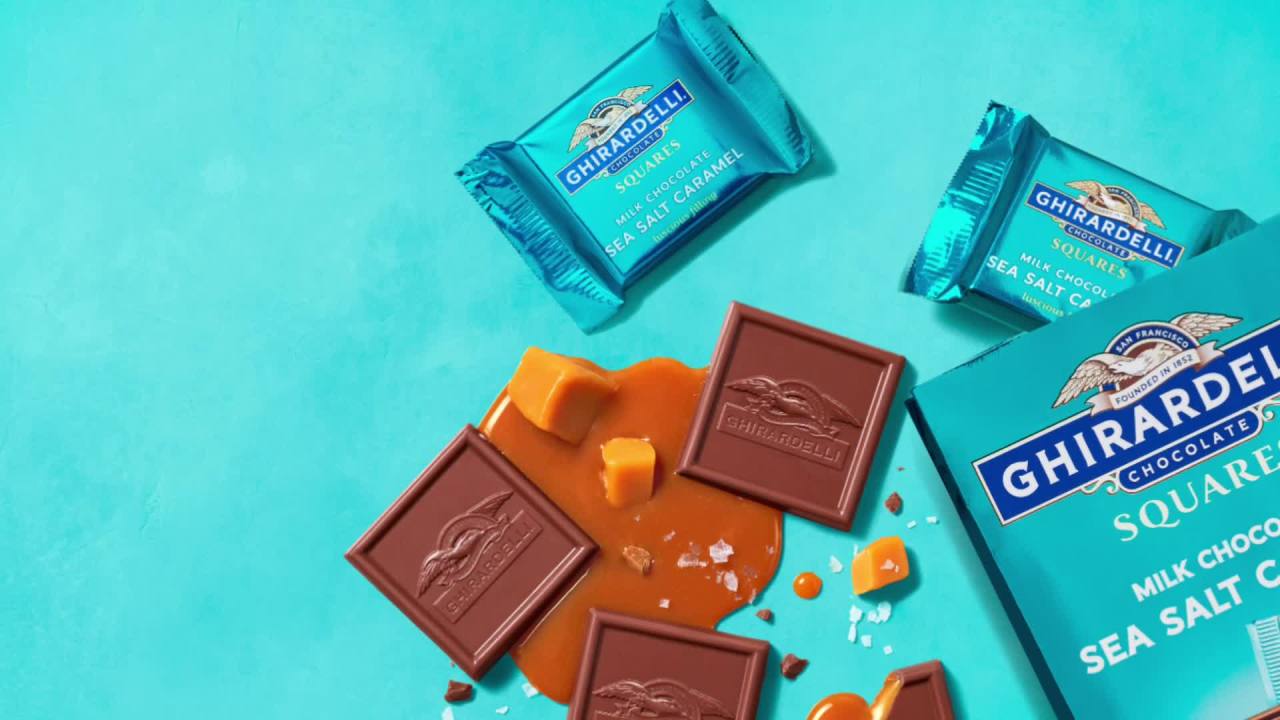 thumbnail video image 2 of (10 pack) GHIRARDELLI Dark Chocolate Candy SQUARES with Sea Salt Caramel Filling, 5.32 oz Bag, 2 of 15