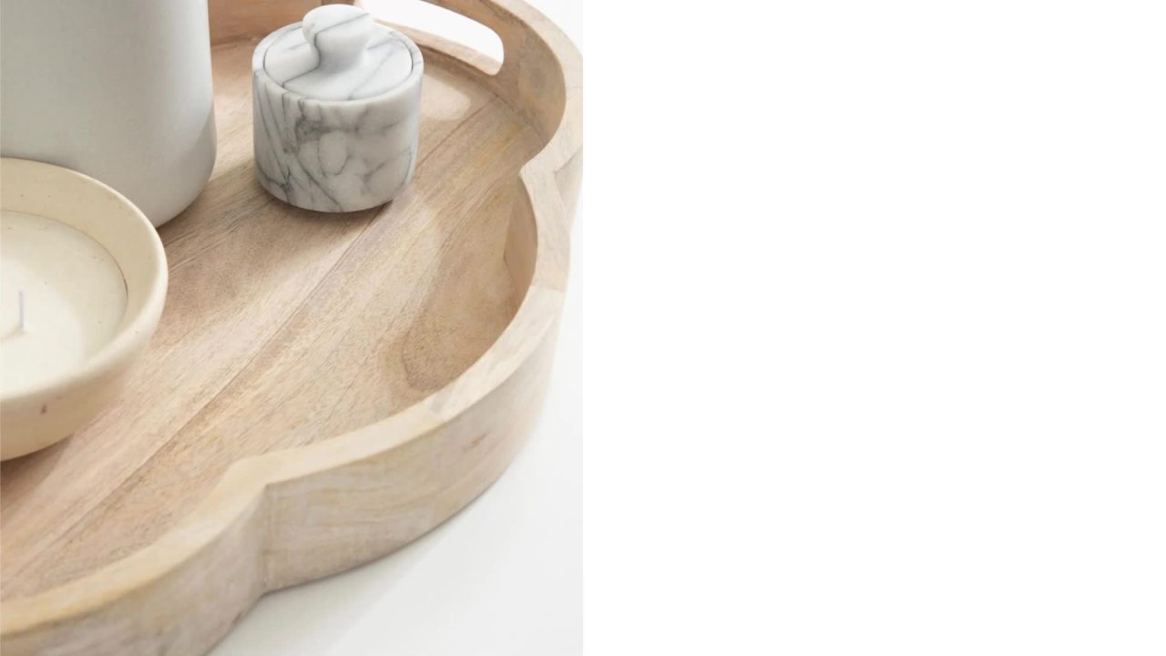 thumbnail video image 2 of Kate and Laurel Winstead Decorative Rounded Oval Wood Tray, 20 x 14 x 3, Light Natural Wood, Scalloped Serving Tray with Handles as Tray for Ottoman Coffee Table, 2 of 10