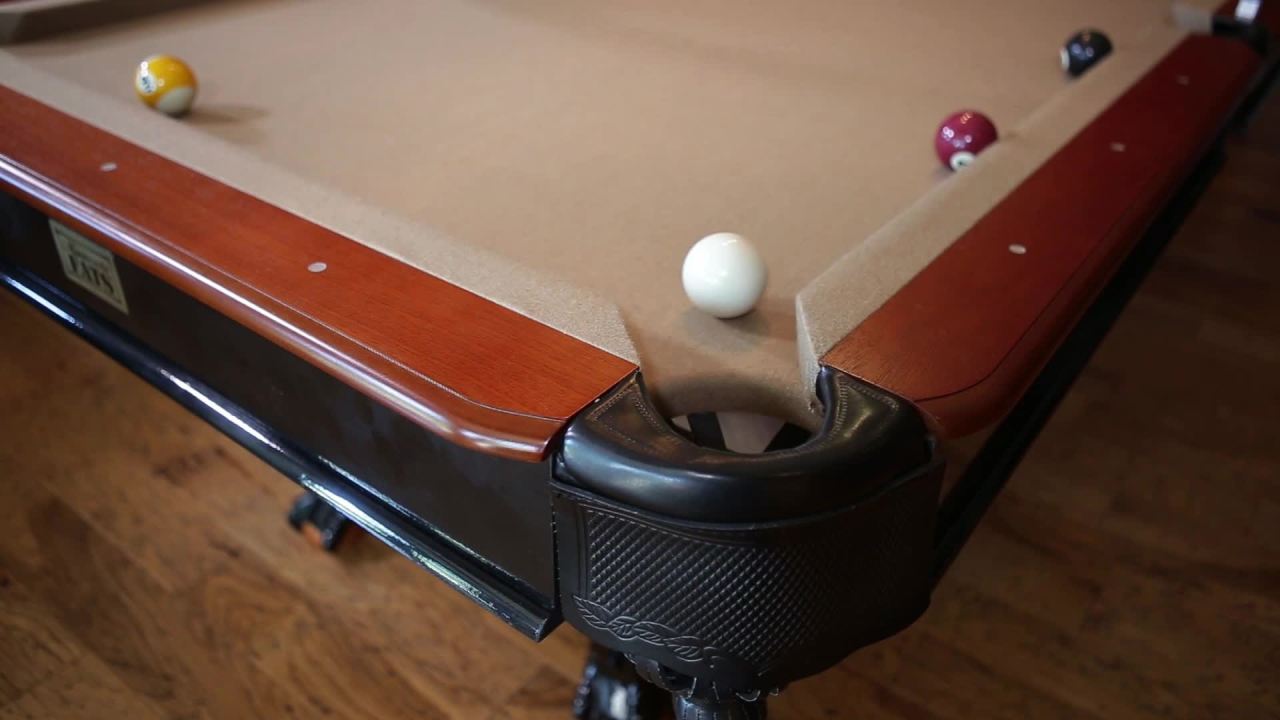 thumbnail video image 2 of Minnesota Fats 8' Covington Billiard Table with Carved Solid-Wood Legs and Antiqued Wood Finish, 2 of 16