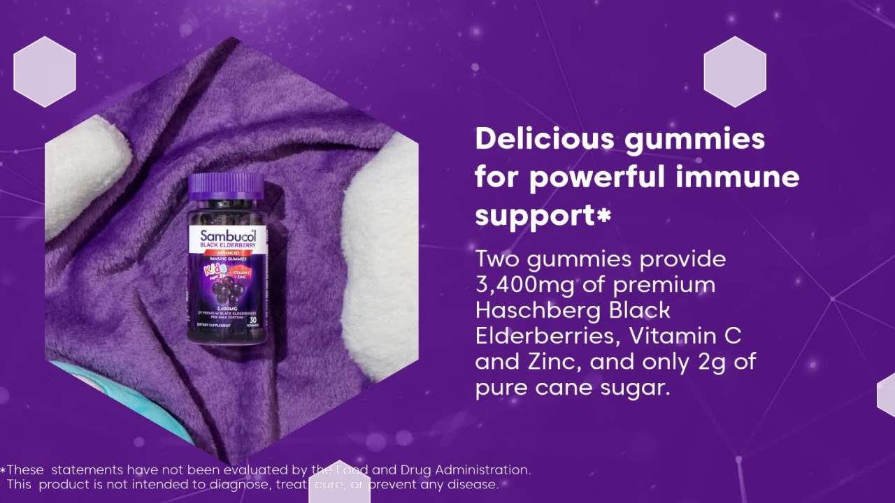 thumbnail video image 2 of (2 pack) Sambucol Black Elderberry Kids Immune Support Gummies with Vitamin C and Zinc, 30 Count, 2 of 9