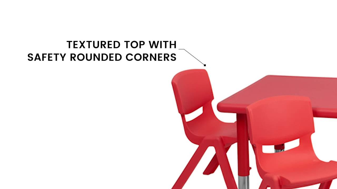 thumbnail video image 2 of Flash Furniture Emmy 24''W x 48''L Rectangular Red Plastic Height Adjustable Activity Table Set with 4 Chairs, 2 of 10