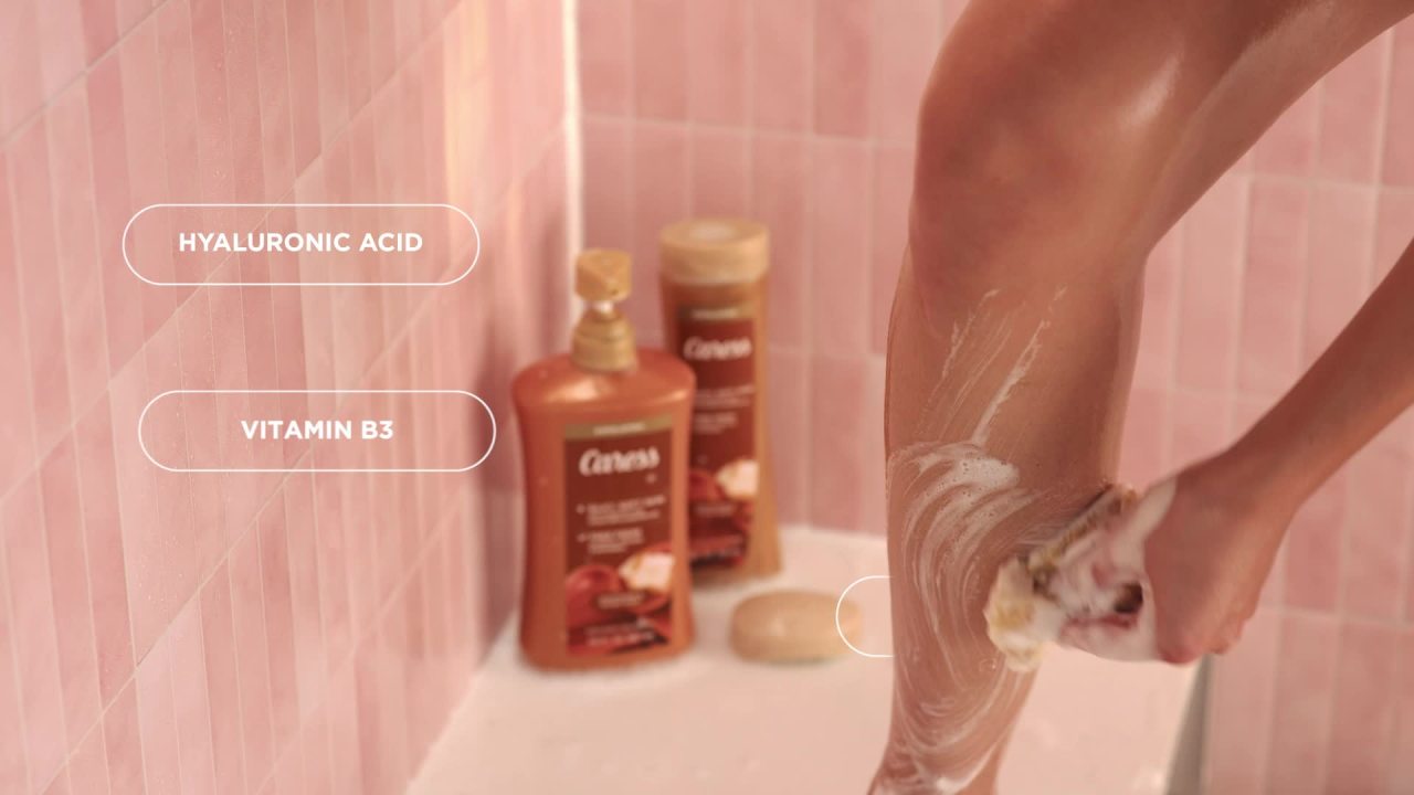 thumbnail video image 3 of Caress Shea Butter & Brown Sugar Body Wash, Exfoliating & Moisturizing, Hyaluronic Acid, 30 oz, 3 of 11