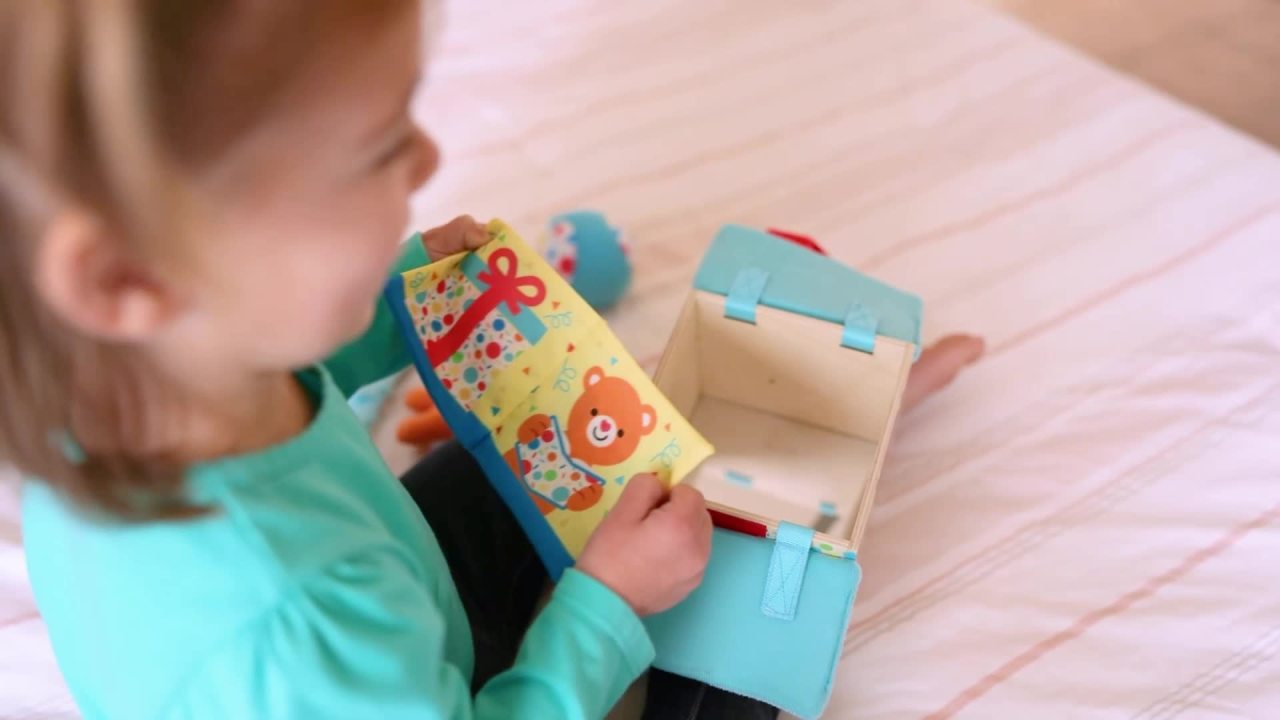 thumbnail video image 2 of Melissa & Doug Wooden Surprise Gift Box Infant Toy (5 Pieces), 2 of 10