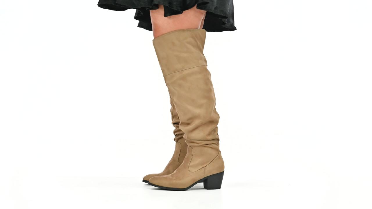 thumbnail video image 2 of Journee Womens Zivia Extra Wide Calf Stacked Heel Over The Knee Boots, 2 of 10