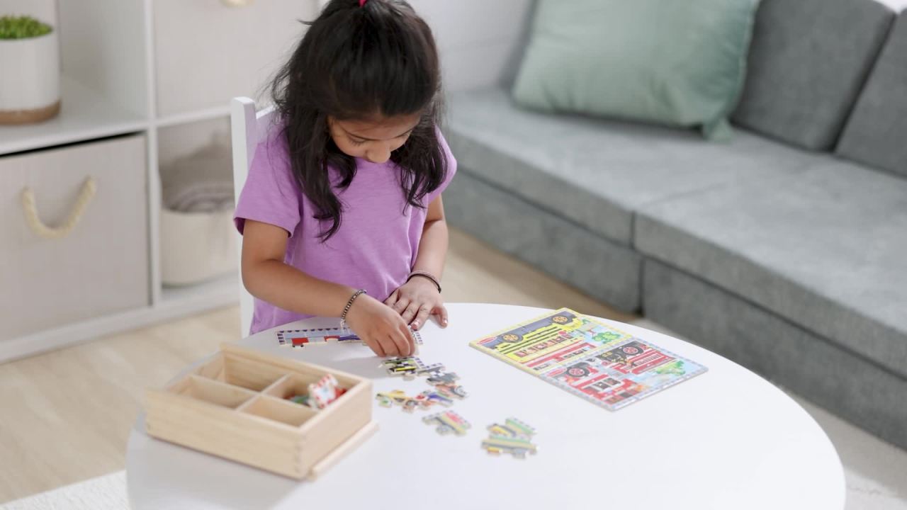 thumbnail video image 2 of Melissa & Doug Vehicles 4-in-1 Wooden Jigsaw Puzzles in a Storage Box (48 pcs), 2 of 4