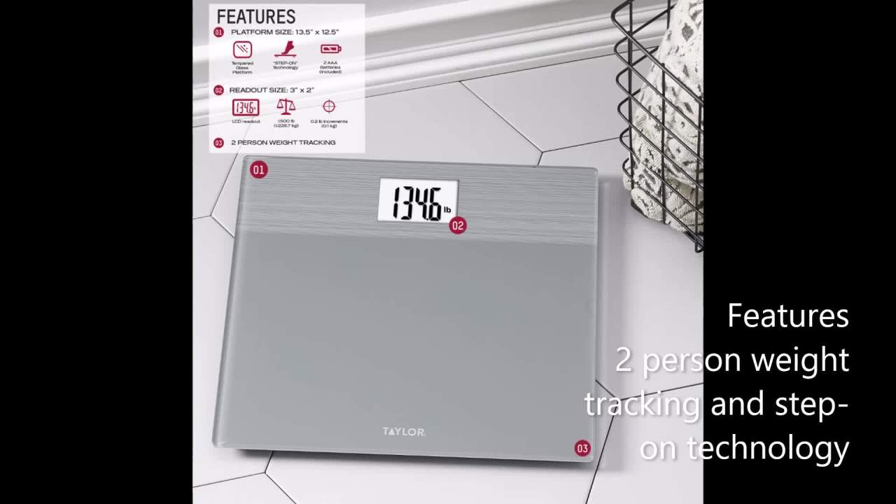 thumbnail video image 2 of Taylor Digital Glass Body Weight Scale Battery Powered Wide, FSA HSA Eligible, 500 lb Capacity, Gray, 2 of 10
