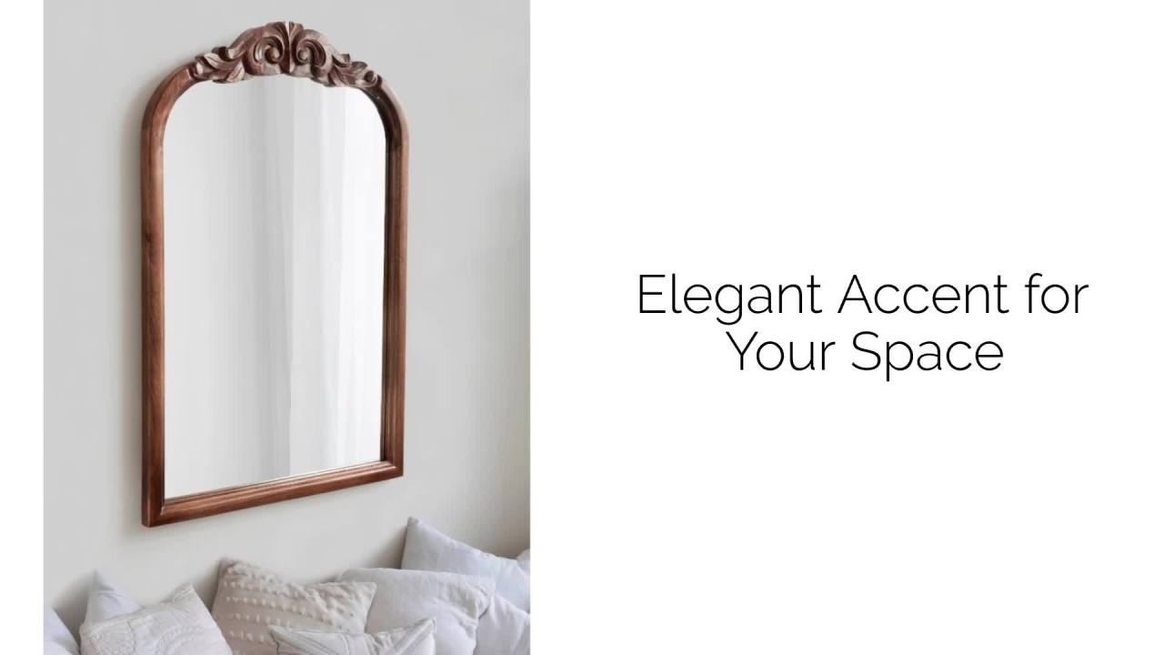 thumbnail video image 2 of Kate And Laurel Arendahl Traditional Arch Wall Mirror, 24 x 36, Walnut Brown, Vintage Baroque-Inspired Wooden Arched Bathroom Mirror for Over Sink with Ornate Carved Crown, 2 of 8