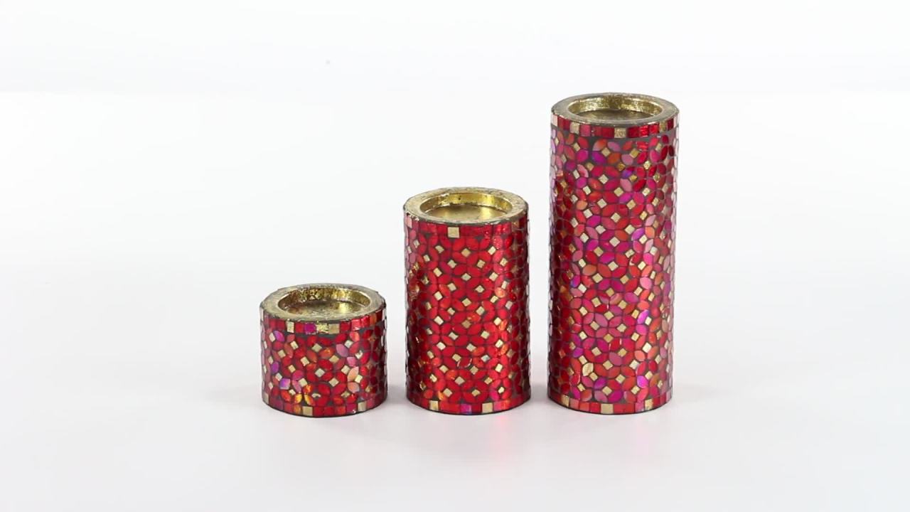 thumbnail video image 2 of DecMode 3 Candle Red Metal Pillar Candle Holder with Mosaic Pattern, Set of 3, 2 of 12