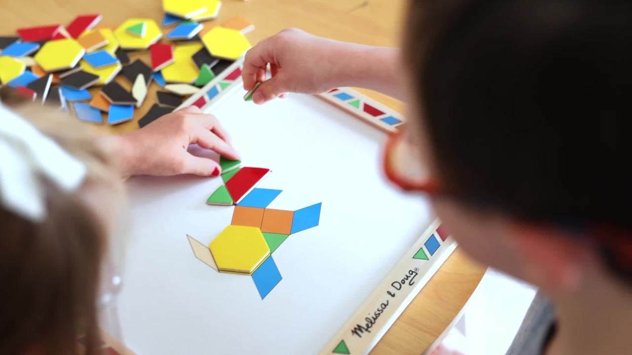 thumbnail video image 2 of Melissa & Doug Deluxe Wooden Magnetic Pattern Blocks Set - Educational Toy With 120 Magnets and Carrying Case, 2 of 10
