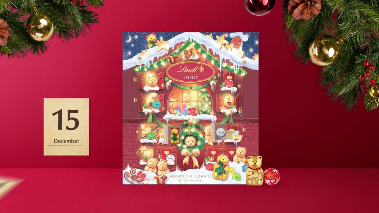 thumbnail video image 2 of Lindt Holiday Teddy Bear Assorted Chocolate Candy Advent Calendar, 4.5 oz., 2 of 12