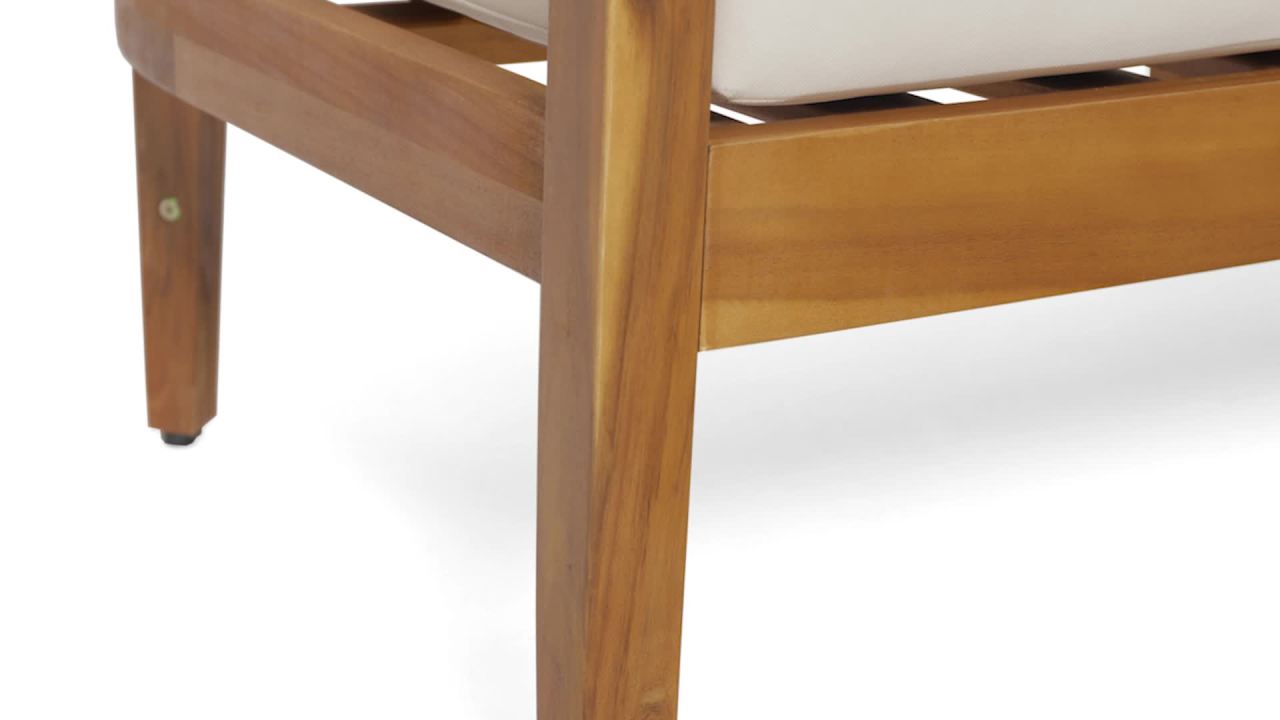 thumbnail video image 2 of Brooklyn Outdoor Acacia Wood 3 Seater Sofa with Cushions, Teak and Beige, 2 of 10