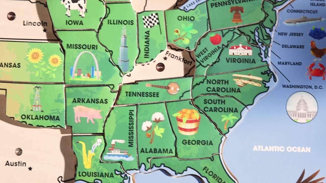 thumbnail video image 2 of Melissa & Doug USA Map Sound Puzzle - Wooden Puzzle With Sound Effects (40 pcs), Multicolor, 2 of 10