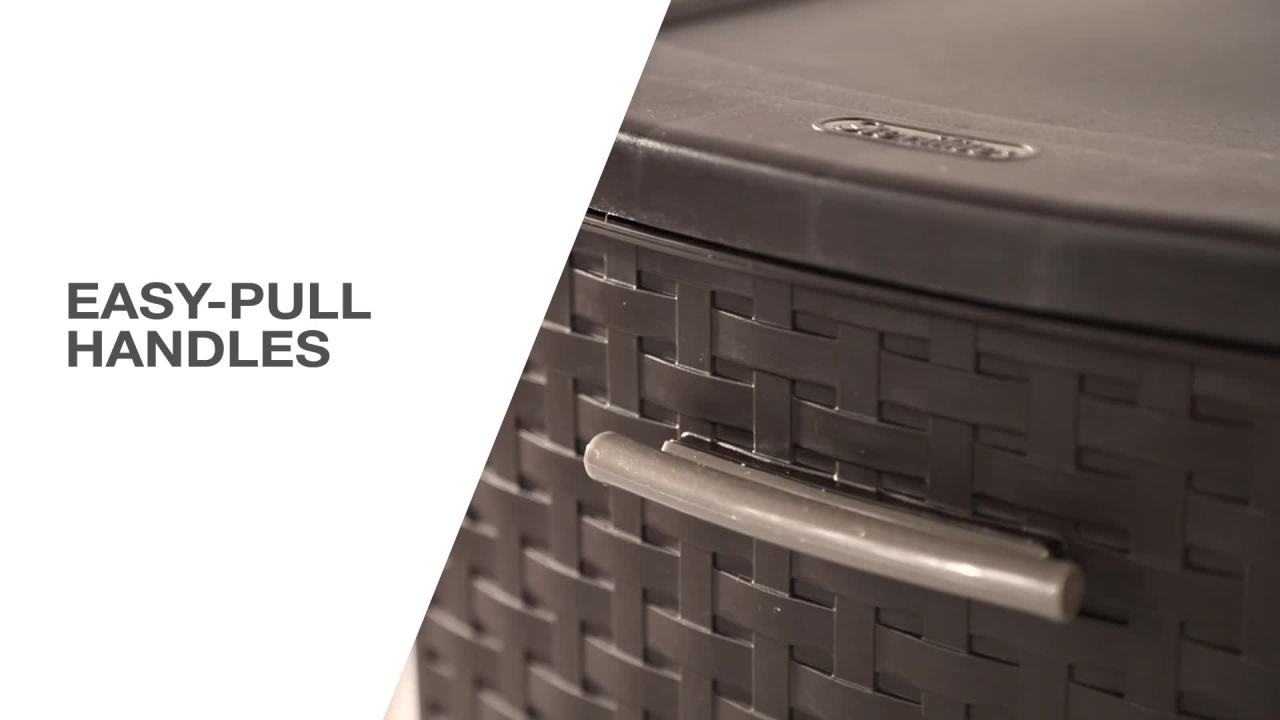 thumbnail video image 2 of Sterilite 4 Drawer Weave Tower, Plastic Décor Drawers with Pull Handles, Brown, 2 of 10