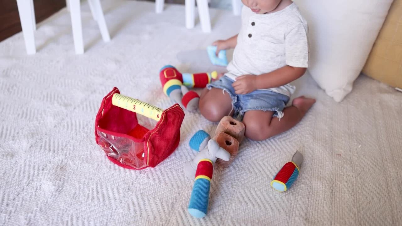 thumbnail video image 2 of Melissa & Doug Toolbox Fill and Spill Toddler Toy With Vibrating Drill  (9 pcs), 2 of 10