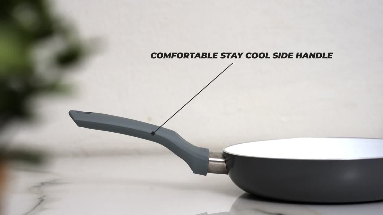 thumbnail video image 3 of IMUSA Nonstick Ceramic Cookware Set 4-Pieces, 8" and 10" Inches, with Stay-Cool Handles, Aluminum, Gray, 3 of 9