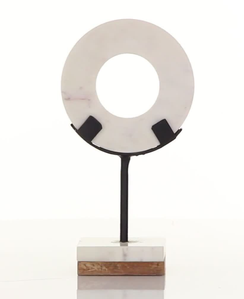 thumbnail video image 2 of 6" x 11" White Marble Circle Geometric Sculpture with Marble Base, by CosmoLiving by Cosmopolitan, 2 of 10