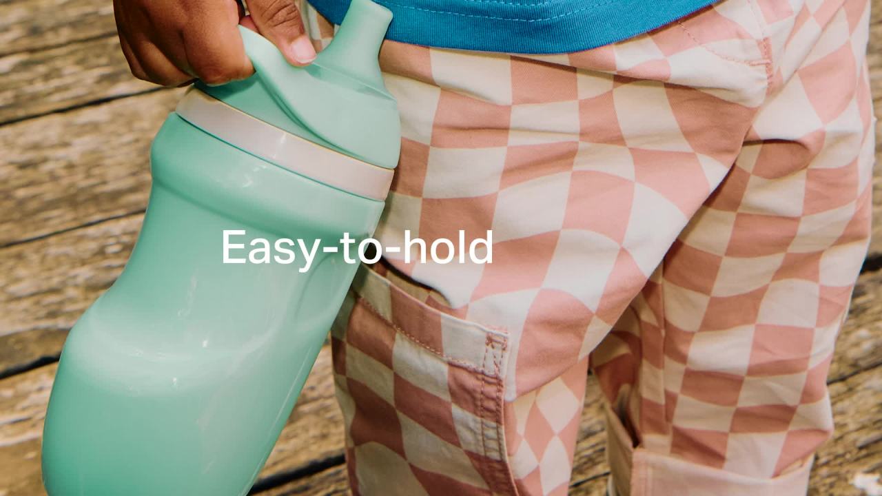 thumbnail video image 2 of Tommee Tippee Insulated Sporty Spout Toddler Water Bottle, 1–3y, 9oz, No-Spill, Light Blue & Orange, Pack of 2, 2 of 8