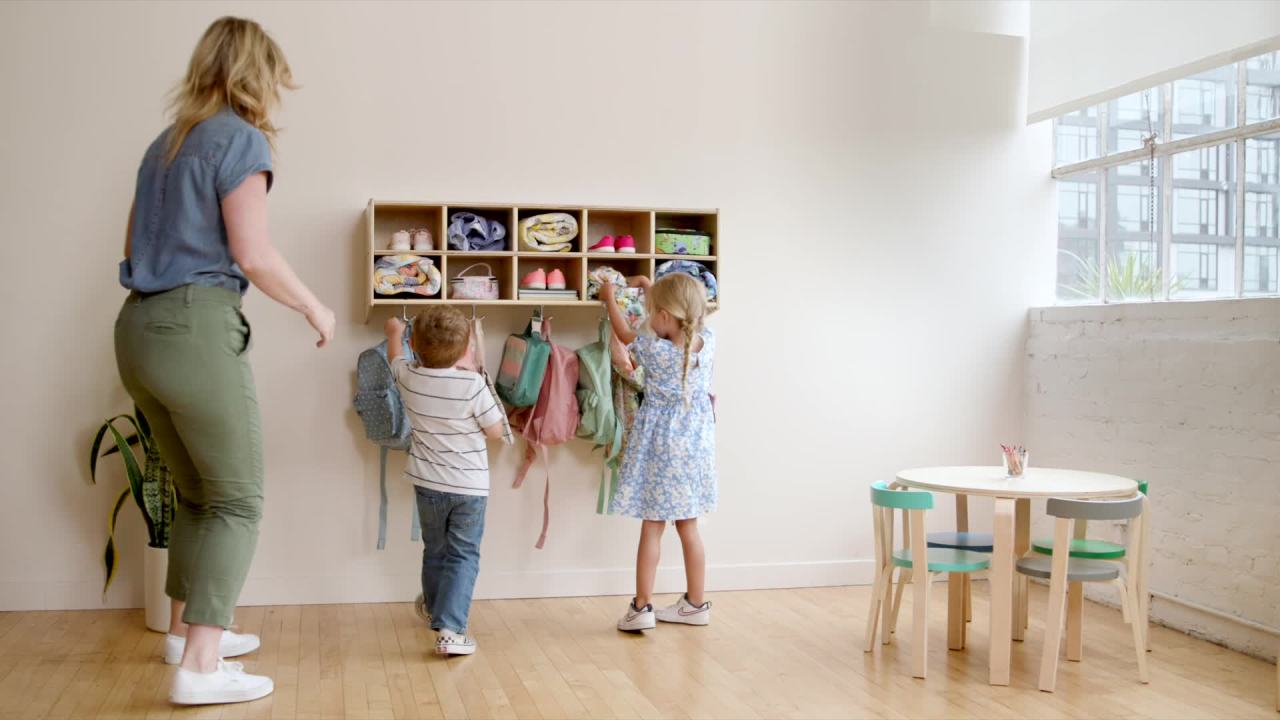 thumbnail video image 2 of ECR4Kids Streamline 10-Section Hanging Cubby Coat Locker and 10 Scoop Front Storage Bins, Natural, 2 of 10
