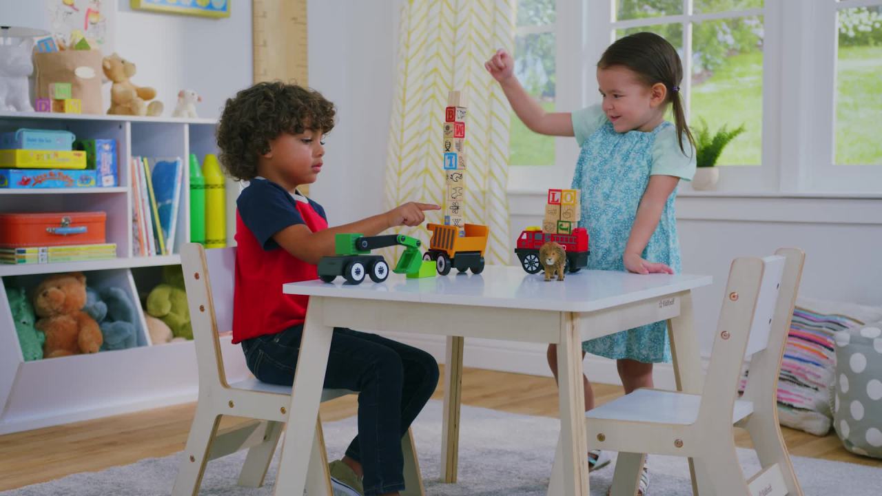 thumbnail video image 2 of KidKraft Children's Modern Table and Chair Set, White & Natural, 2 of 8