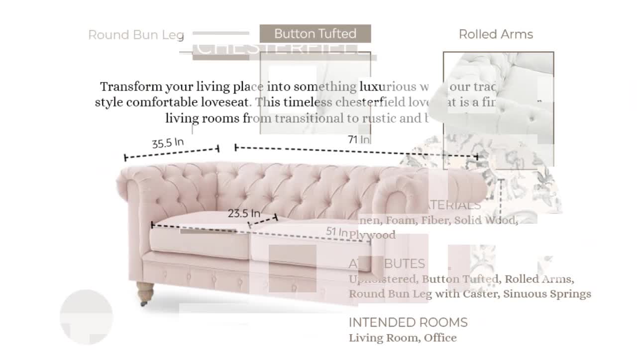 thumbnail video image 2 of Rustic Manor Audriana Button Tufted Loveseat Linen Sofa With Casters, Cream White 71 x 33.5 x 30.4, 2 of 10