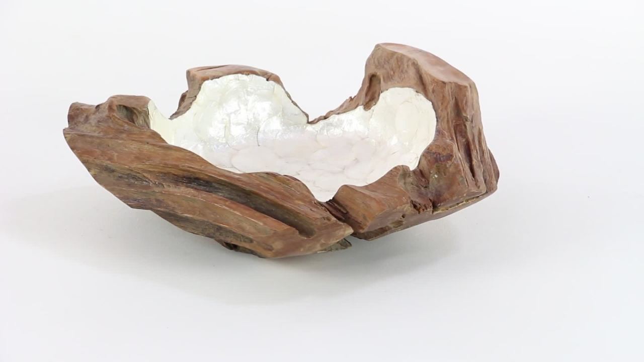 thumbnail video image 2 of DecMode 16" Handmade Round Live Edge Free Form Nautical Brown Teak Wood Decorative Bowl with Capiz Interior, 2 of 10