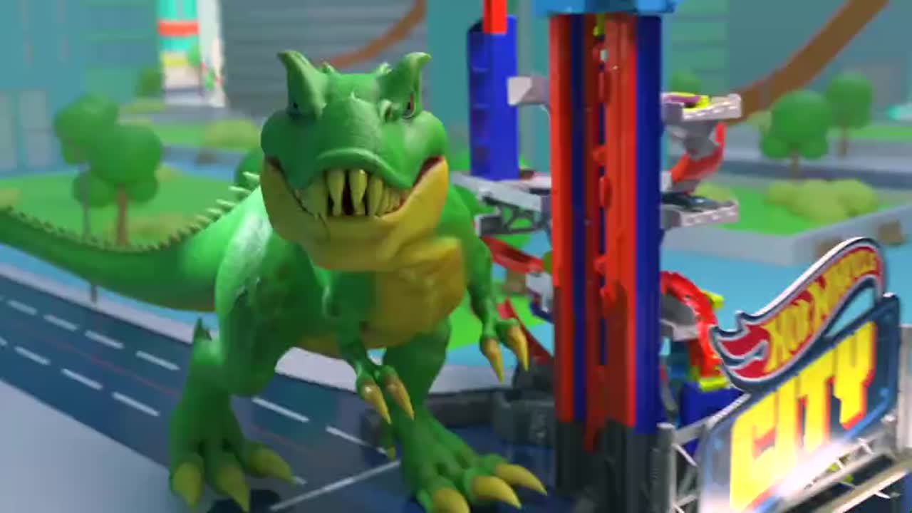 thumbnail video image 2 of Hot Wheels City Ultimate T-Rex Garage with 2 Toy Cars & Storage for 50+, Race & Stunt, Dino Nemesis, 2 of 8