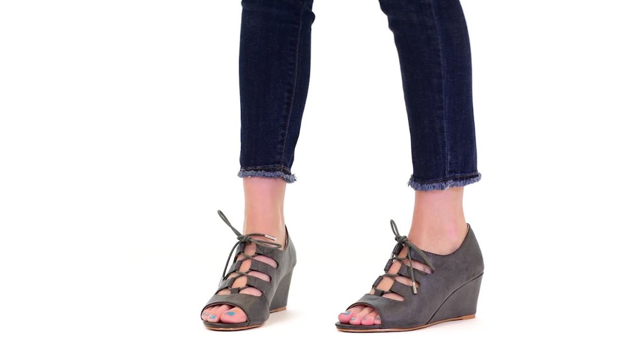 thumbnail video image 2 of Womens Faux Leather Lace-up Open-toe Wedges, 2 of 8