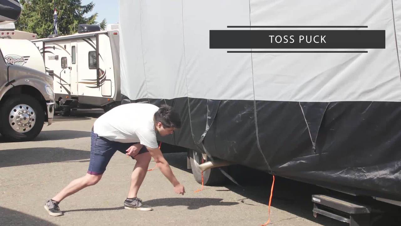 thumbnail video image 2 of Classic Accessories OverDrive SkyShield™ Deluxe Tyvek® 5th Wheel Travel Trailer Cover, Fits 37' - 41' Trailers - Water Repellent Tyvek® RV Cover, Black/Grey/Snow White, 2 of 20