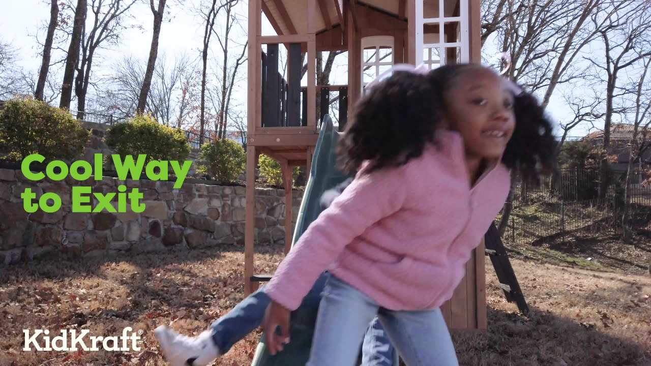 thumbnail video image 2 of KidKraft Cliffbrook Wooden Outdoor Two-Story Playhouse with Slide, 2 of 19