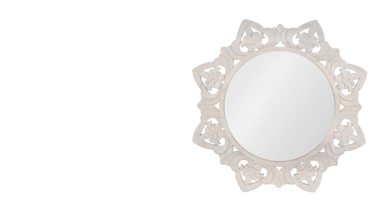 thumbnail video image 2 of Kate and Laurel Meera Hand-Carved Wood Mirror, 28 Inch Diameter, Natural Wood, Traditional Starburst Mirror with Carved Frame Details and Decorative Bathroom Mirror Look, 2 of 9