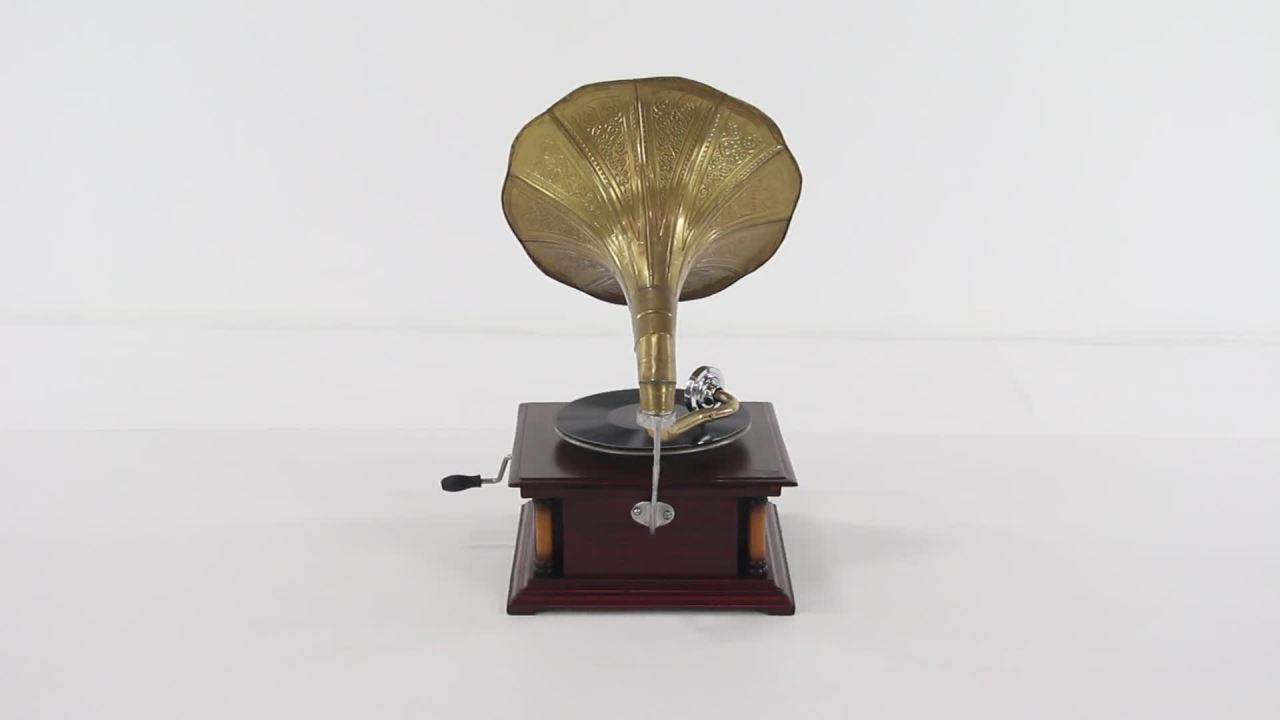 thumbnail video image 2 of DecMode 18" x 28" Brown Wood Music Functional Gramophone with Record, 1-Piece, 2 of 14