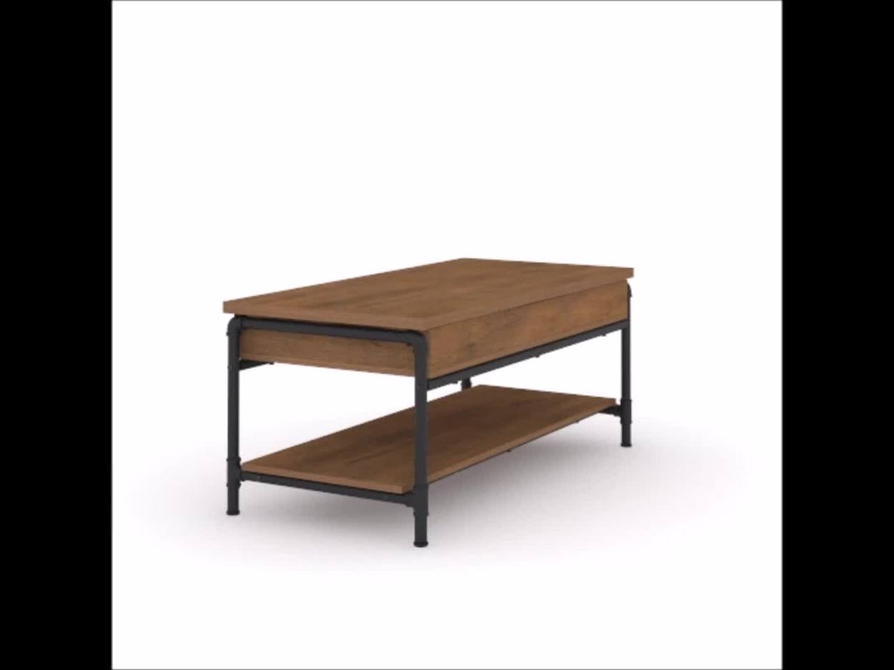 thumbnail video image 2 of Sauder Iron City Industrial Pipe Lift-Top Coffee Table, Checked Oak Finish, 2 of 12