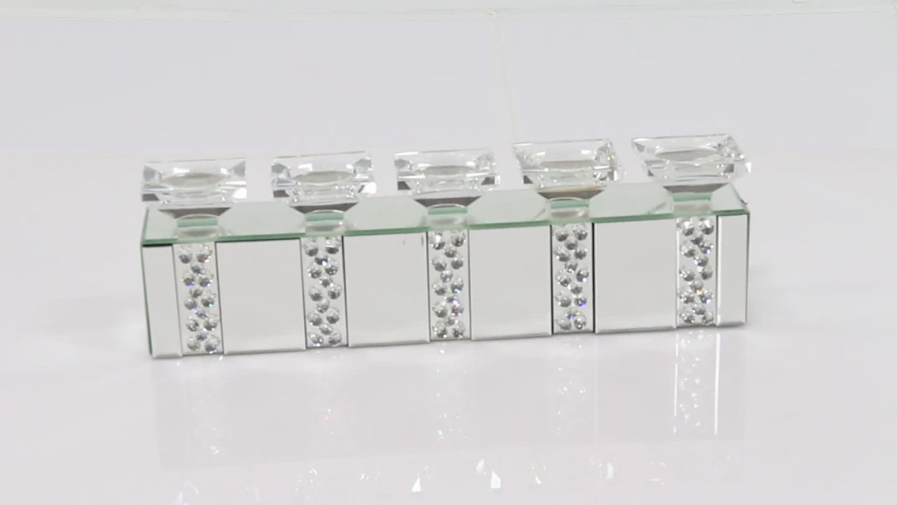 thumbnail video image 2 of DecMode 5 Holder Silver Glass Pillar Candelabra with Mirrored Accents and Crystals, 2 of 8