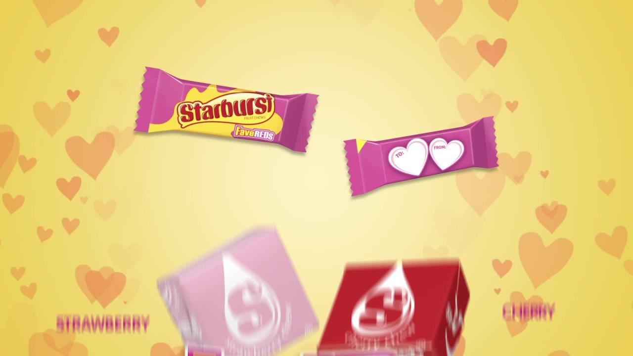 thumbnail video image 2 of (2 pack) Starburst FaveReds Chewy Candy Valentine Gift Exchange Fun Size, 23 Count, 8.11 oz Box, 2 of 15