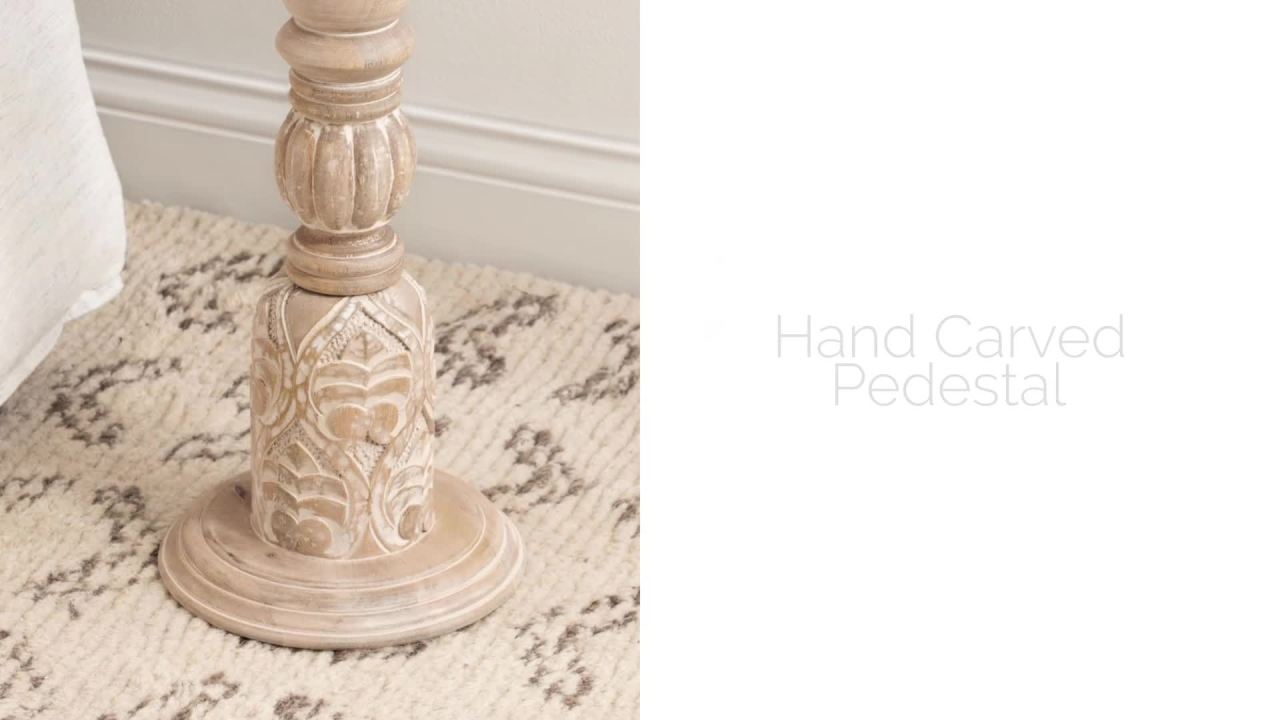 thumbnail video image 2 of Kate and Laurel Hingham Vintage Wooden Round Side Table, 16 x 24, Whitewash, Circle Pedestal Table for Use as Bedroom Nightstand, Indoor Plant Stand, or Decorative Living Room Table, 2 of 9