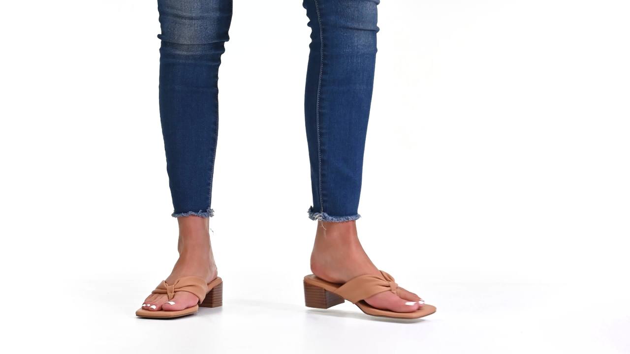 thumbnail video image 2 of Journee Womens Seelah Low Stacked Heel Flip Flop Dress Sandals, 2 of 9