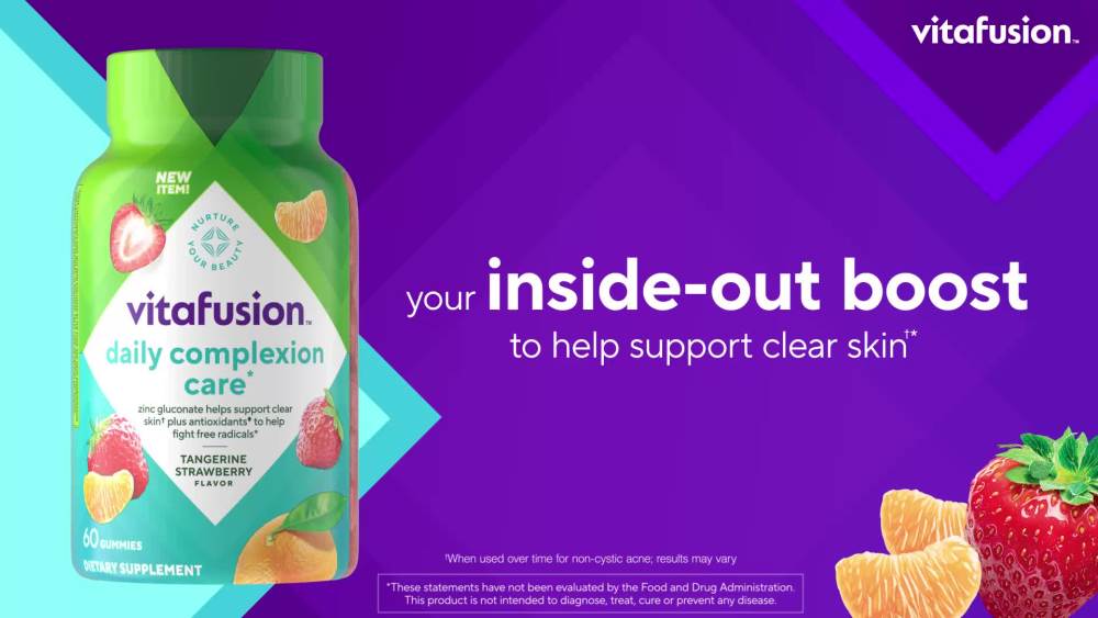 thumbnail video image 2 of vitafusion Daily Complexion Care (1), Tangerine Strawberry Flavor, 60 Count, 2 of 12