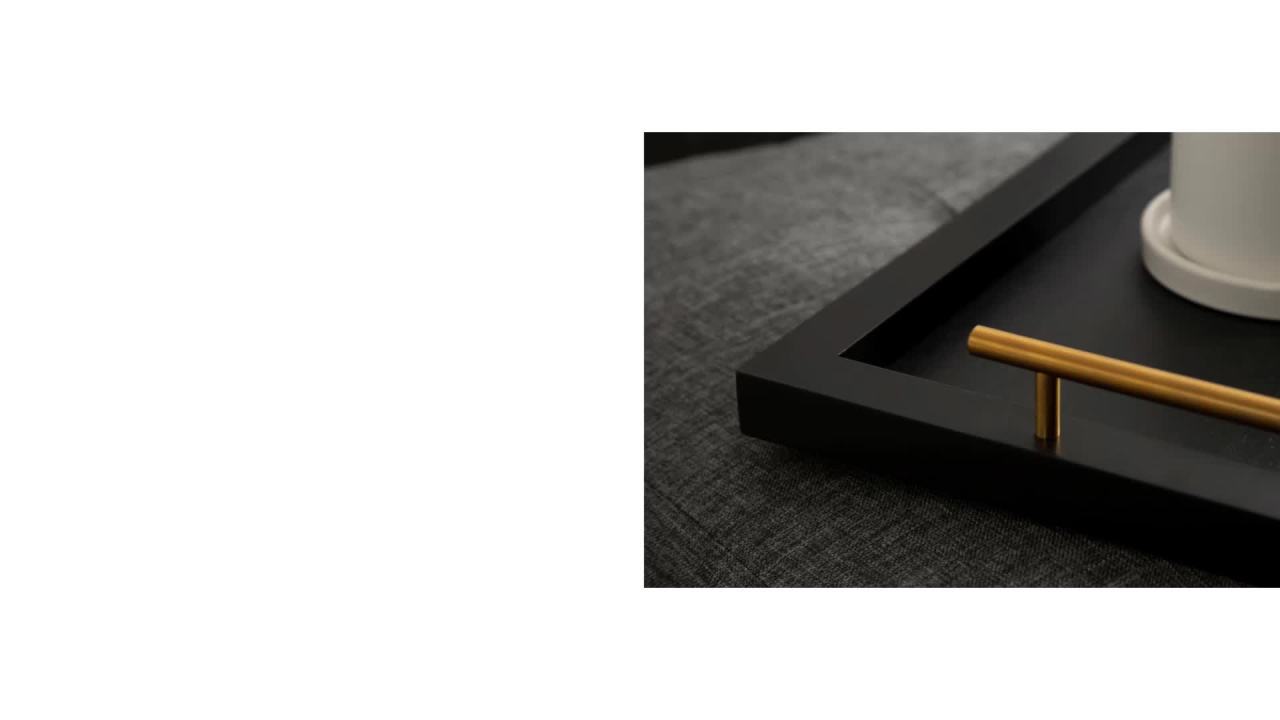 thumbnail video image 2 of Kate and Laurel Halsey Decorative Wooden Round Tray with Polished Metal Handles, 16 Inch Diameter, Black and Gold, Modern Glam Wood Circle Serving Tray for Use as Ottoman Tray or Coffee Table Tray, 2 of 10