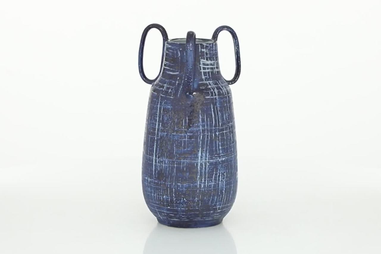 thumbnail video image 2 of DecMode 13" Blue Ceramic Vase with Handles, 2 of 10