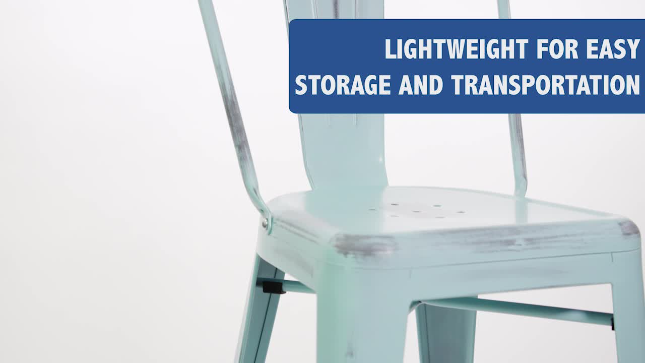 thumbnail video image 2 of Flash Furniture Commercial Grade 24" High Distressed Green-Blue Metal Indoor-Outdoor Counter Height Stool with Back, 2 of 13