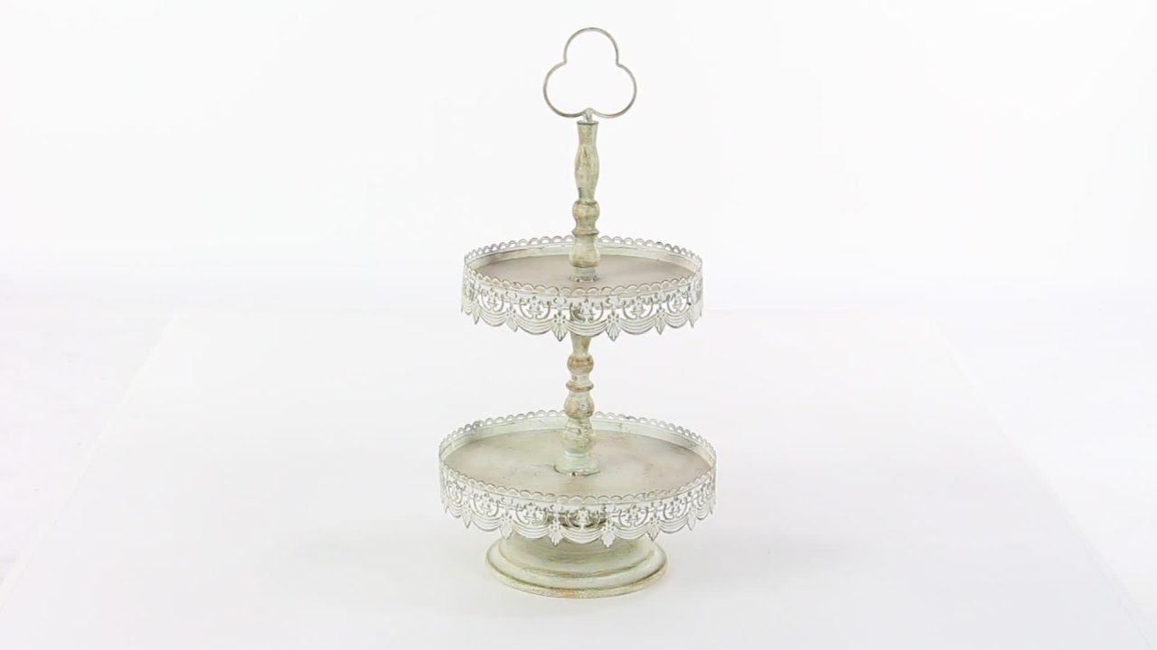 thumbnail video image 2 of DecMode 12" x 24" White Metal 2 Tiered Server with Lace Inspired Edge, 1-Piece, 2 of 7