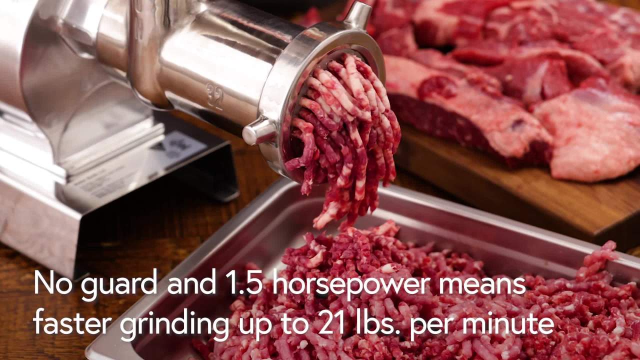 thumbnail video image 2 of Weston Butcher Series Electric Meat Grinder & Sausage Stuffer, Commercial Grade 1.5 HP, 1125 Watts, 21 lbs per Minute, Heavy Duty Stainless Steel, 2 of 9