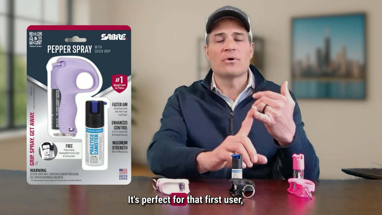 thumbnail video image 2 of SABRE Quick Grip Pepper Spray with Key Ring and Practice Spray, Lavender, New, Pocket Pepper Sprays, 2 of 7
