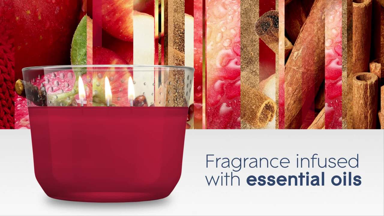 thumbnail video image 2 of Glade Candle Apple Cinnamon Scent, 3-Wick, 6.8 oz (193 g), 1 Count, Fragrance Infused with Essential Oils, Notes of McIntosh Apple, Cinnamon Spice, Sweet Vanilla, Lead-Free Wick Scented Candles, 2 of 18