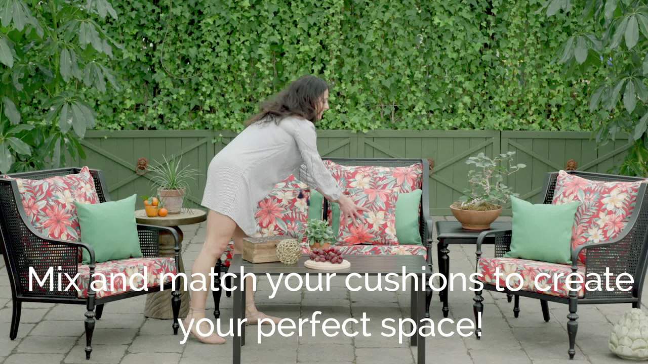 thumbnail video image 2 of ARDEN Outdoor Deep Seat Cushion Set, 24 x 24, Water Repellant, Fade Resistant, Deep Seat Bottom and Back Cushion for Chair, Sofa, and Couch, Ruby Clarissa, 2 of 13
