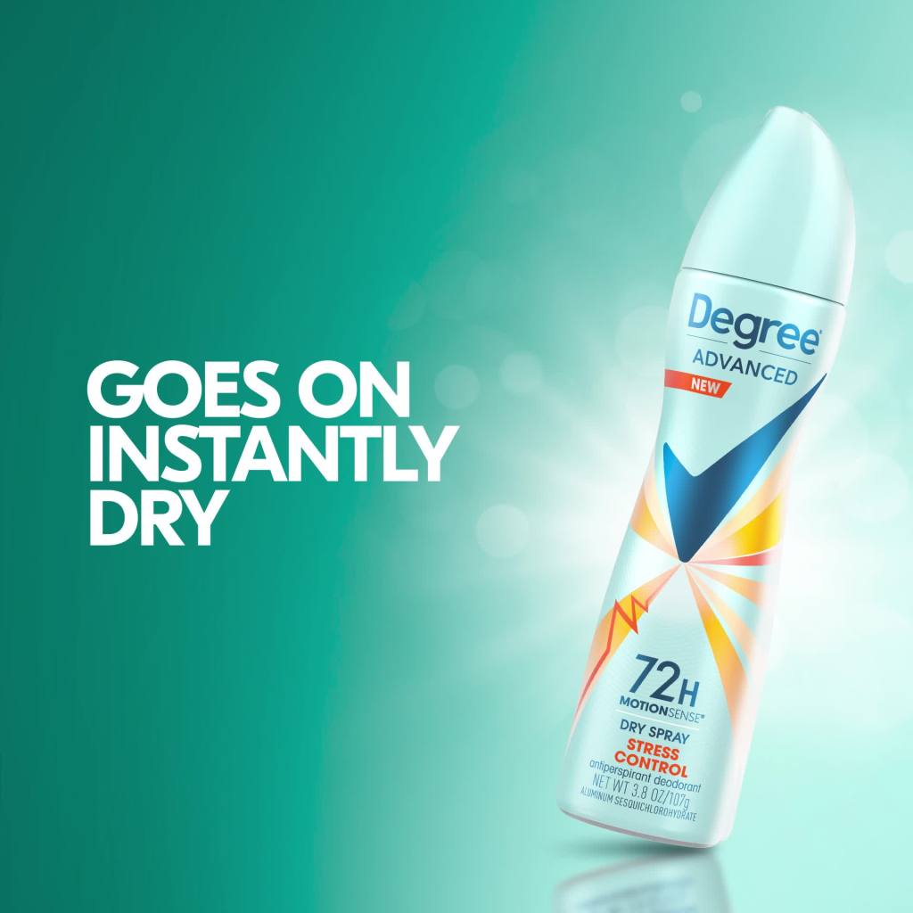 thumbnail video image 2 of Degree Advanced Long Lasting Antiperspirant Deodorant Dry Spray, Stress Control, 3.8 oz, 2 of 13