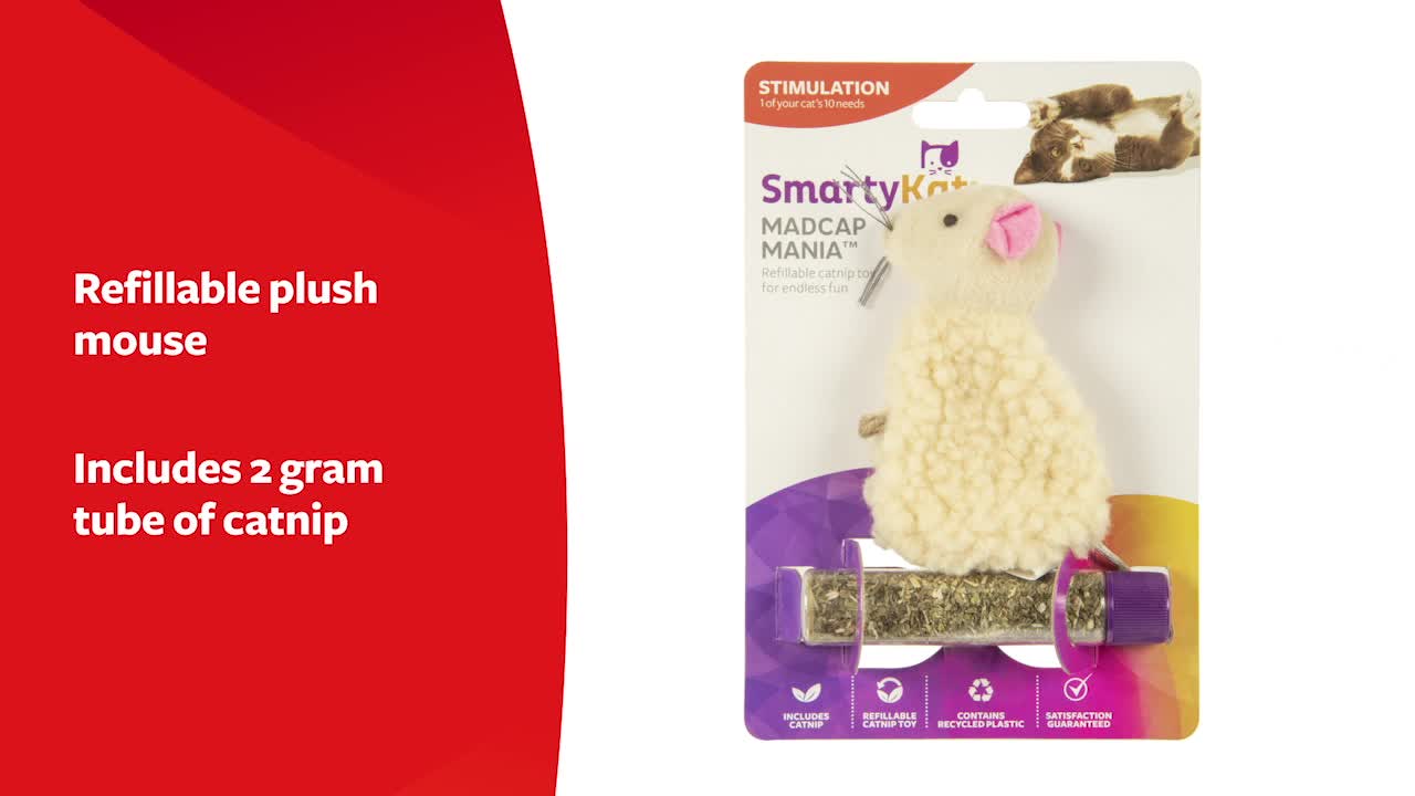 thumbnail video image 2 of SmartyKat Madcap Mania Mouse, Soft Plush Catnip Cat Toy with String Tail, with Pure & Potent Catnip, Refillable & Durable, 2 of 12